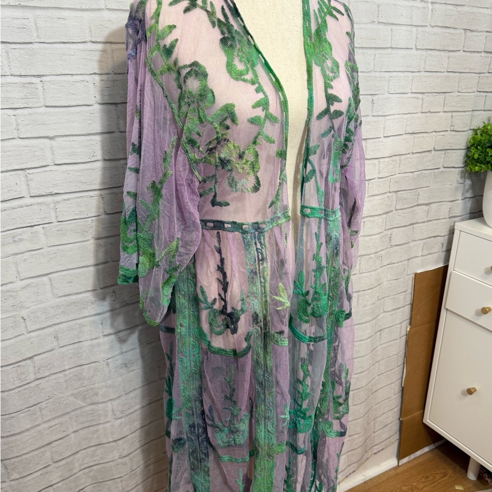 Sheer Lilac & Green Ice Dye Floral Kimono with Green Embroidery